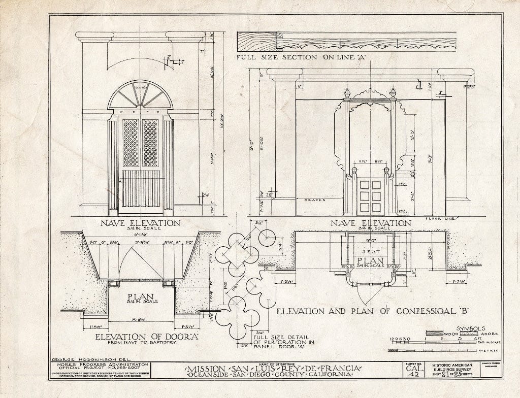 Blueprint HABS Cal,37-OCSI.V,1- (Sheet 21 of 25) - Mission San Luis Rey de Francia, Mission Road, Oceanside, San Diego County, CA