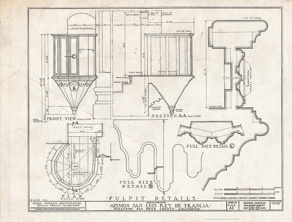 Blueprint HABS Cal,37-OCSI.V,1- (Sheet 22 of 25) - Mission San Luis Rey de Francia, Mission Road, Oceanside, San Diego County, CA