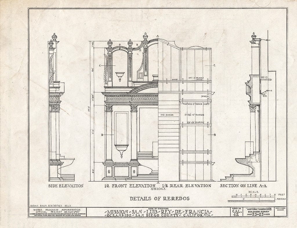Blueprint HABS Cal,37-OCSI.V,1- (Sheet 23 of 25) - Mission San Luis Rey de Francia, Mission Road, Oceanside, San Diego County, CA