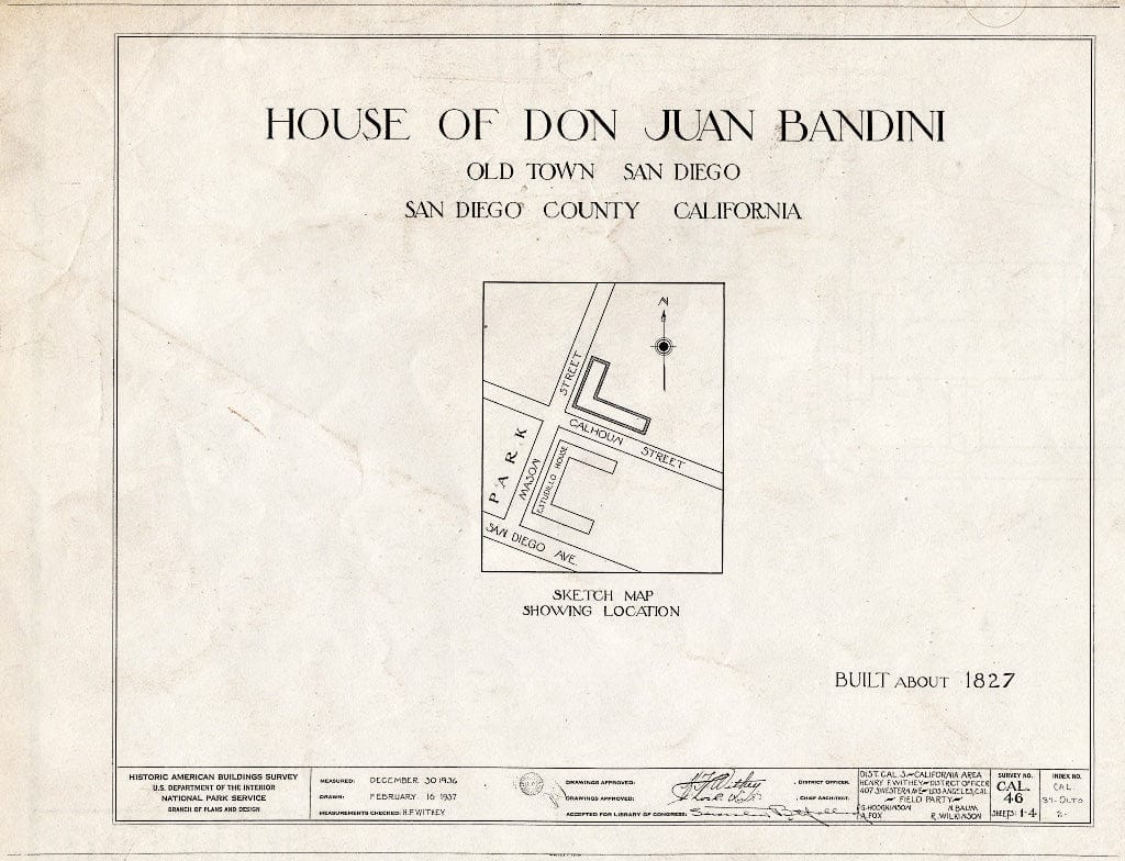 Blueprint HABS Cal,37-OLTO,2- (Sheet 0 of 4) - Don Juan Bandini Home, Mason & Calhoun Streets, San Diego, San Diego County, CA