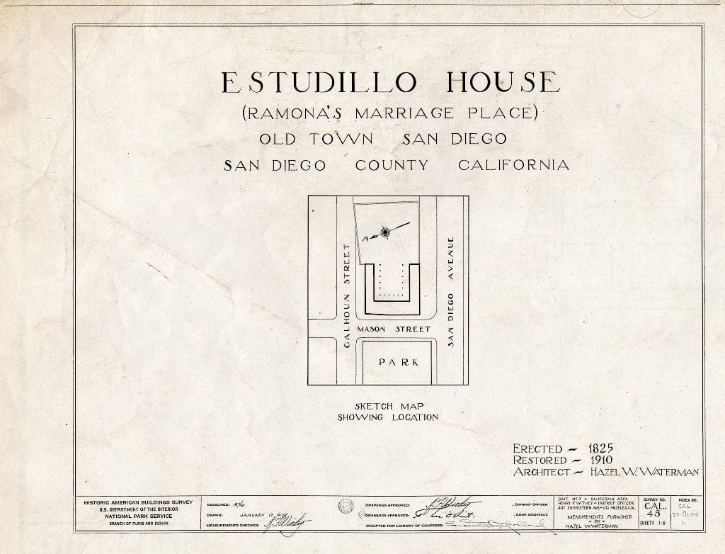 Blueprint HABS Cal,37-OLTO,1- (Sheet 0 of 6) - Jose Antonio Estudillo House, Mason Street & San Diego Avenue, Old Town, San Diego, San Diego County, CA