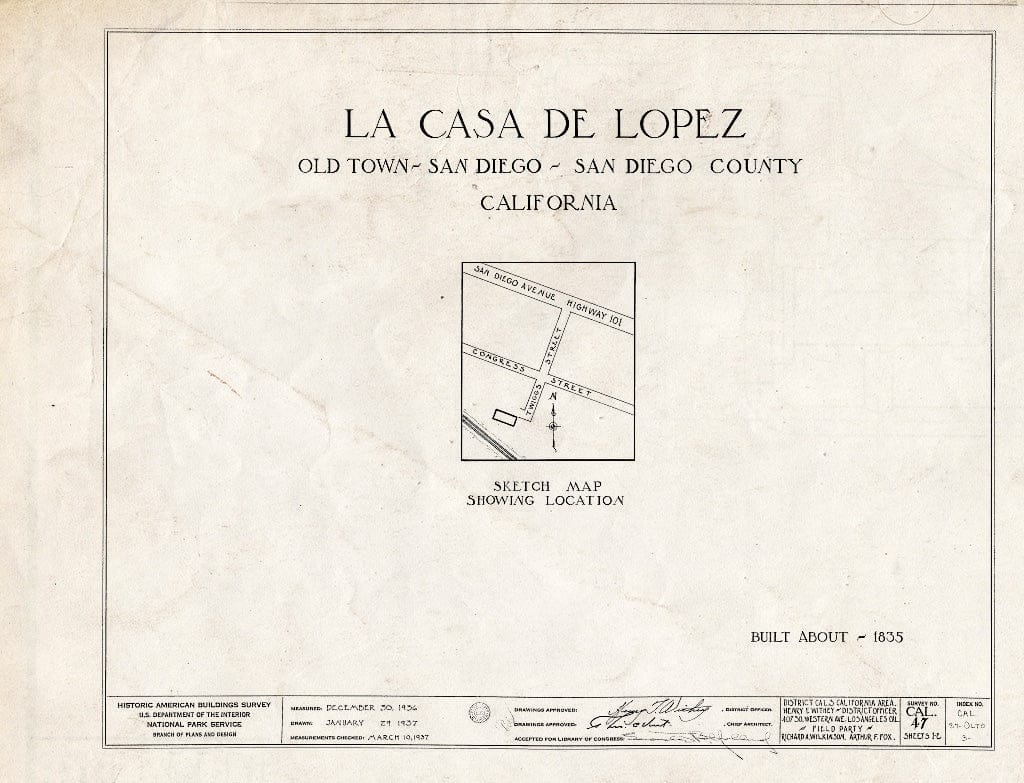 Blueprint HABS Cal,37-OLTO,3- (Sheet 0 of 2) - La Casa de Lopez, Twiggs Street, Old Town, San Diego, San Diego County, CA