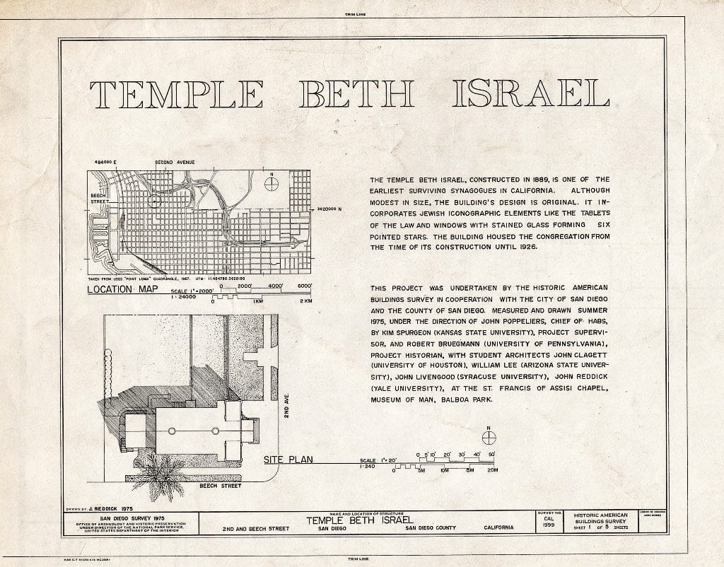 Blueprint HABS Cal,37-SANDI,14- (Sheet 1 of 5) - Temple Beth Israel, 1502 Second Avenue, San Diego, San Diego County, CA