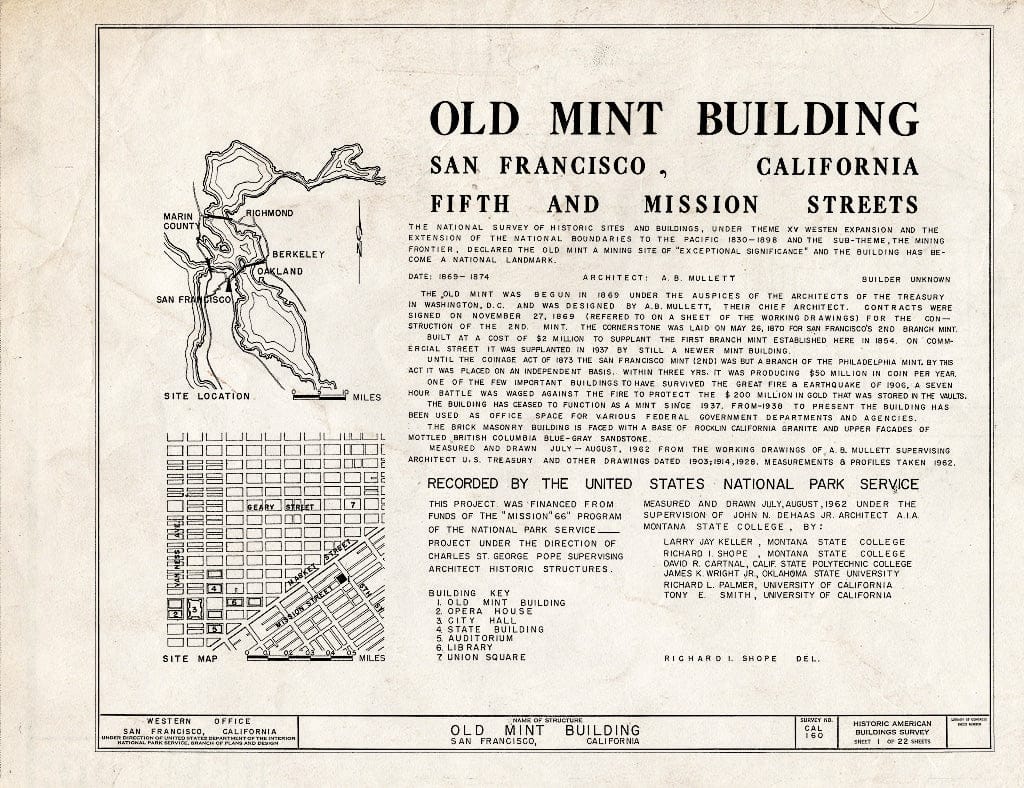 Blueprint HABS Cal,38-SANFRA,5- (Sheet 1 of 22) - U. S. Branch Mint, Mission & Fifth Streets, San Francisco, San Francisco County, CA