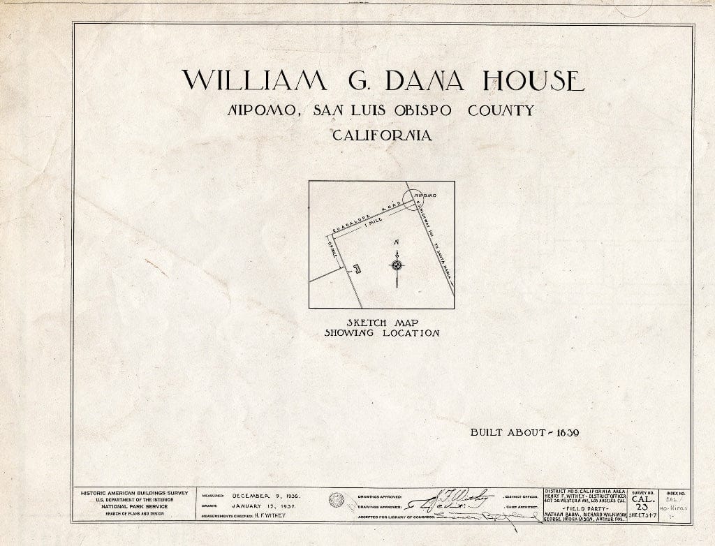 Blueprint HABS Cal,40-NIPO.V,1- (Sheet 0 of 7) - William G. Dana House, Guadalupe Road, Nipomo, San Luis Obispo County, CA