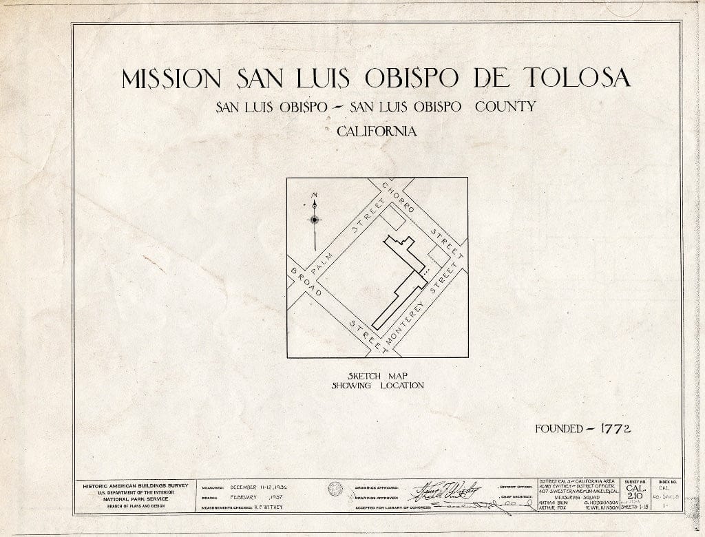 Blueprint HABS Cal,40-SANLO,1- (Sheet 0 of 11) - Mission San Luis Obispo de Tolosa, 782 Monterey Street, San Luis Obispo, San Luis Obispo County, CA