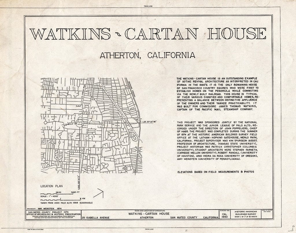 Blueprint HABS Cal,41-ATH,2- (Sheet 1 of 7) - Watkins-Cartan House, 25 Isabella Avenue, Atherton, San Mateo County, CA