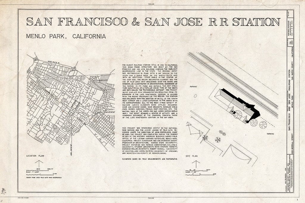 Blueprint HABS Cal,41-MENPA,4- (Sheet 1 of 4) - San Francisco & San Jose Railroad Station, 1100 Merrill Street, Menlo Park, San Mateo County, CA