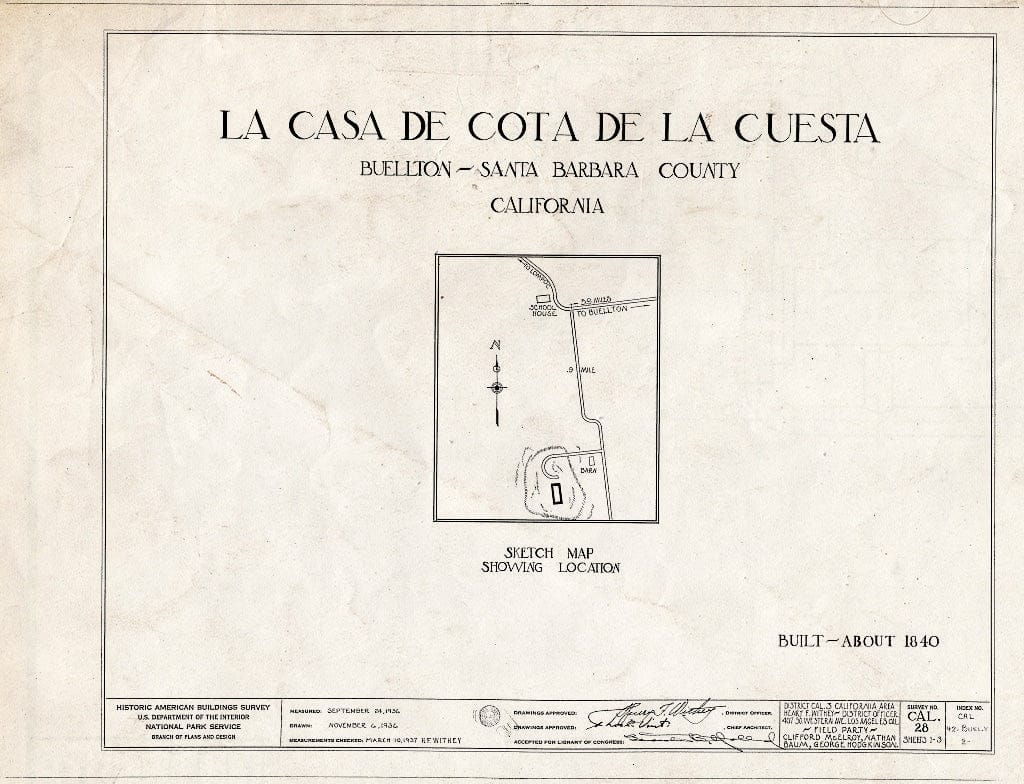 Blueprint HABS Cal,42-BUEL.V,2- (Sheet 0 of 3) - La Casa de COTA de la Cuesta, Lompoc Road, Buellton, Santa Barbara County, CA