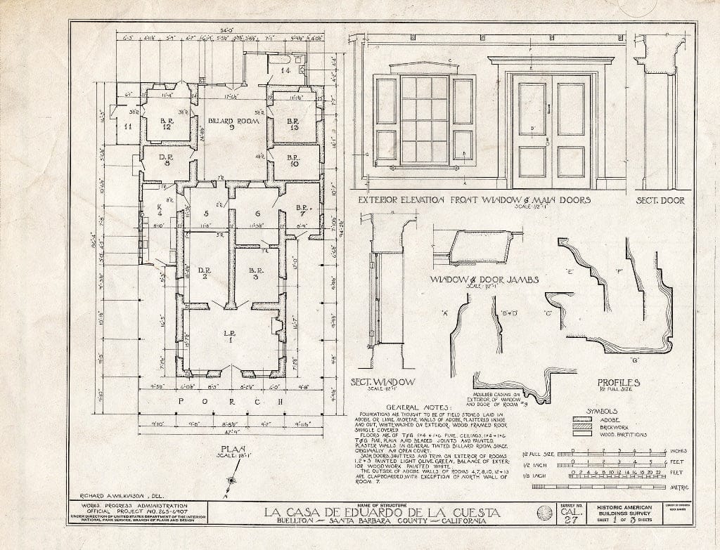 Blueprint HABS Cal,42-BUEL.V,1- (Sheet 1 of 3) - La Casa de Eduardo de la Cuesta, Highway 101, Buellton, Santa Barbara County, CA