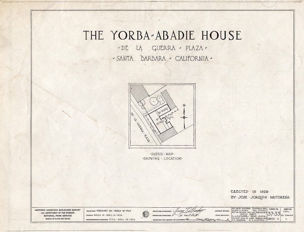 Blueprint HABS Cal,42-SANBA,1- (Sheet 0 of 4) - Yorbe-Abadie House, de la Guerra Plaza, Santa Barbara, Santa Barbara County, CA