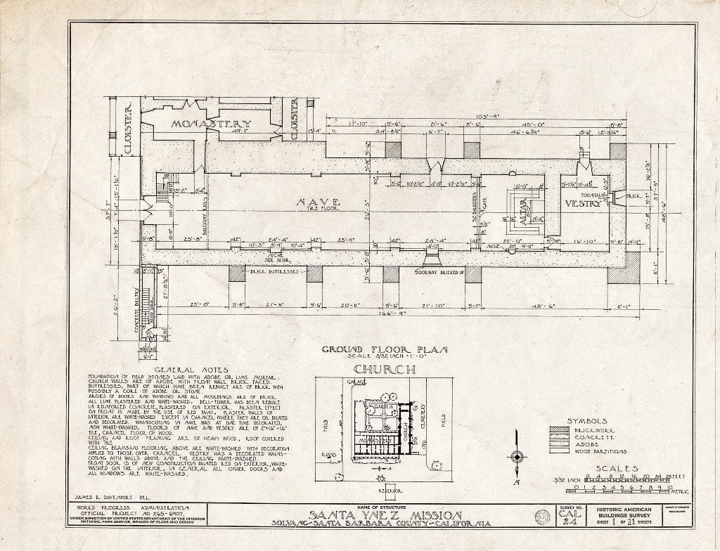 Blueprint HABS Cal,42-SOLV,1- (Sheet 1 of 11) - Mission Santa Inez, State Highway 150, Solvang, Santa Barbara County, CA