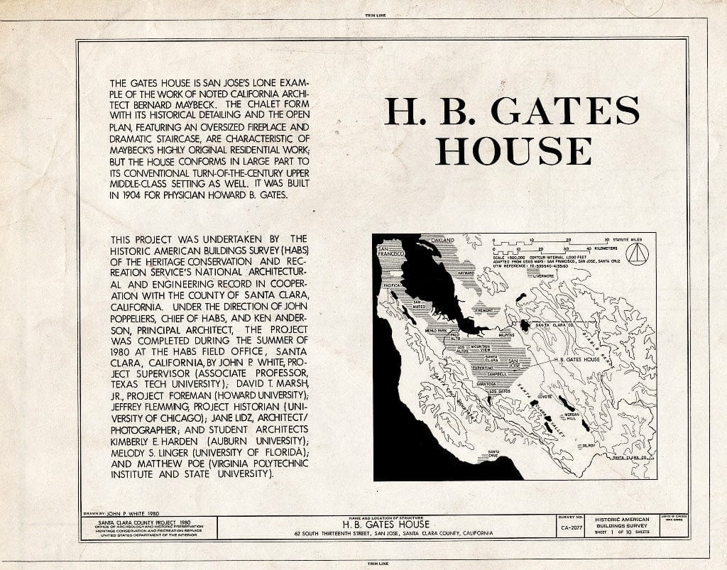 Blueprint HABS Cal,43-SANJOS,7- (Sheet 1 of 10) - Howard B. Gates House, 62 South Thirteenth Street, San Jose, Santa Clara County, CA