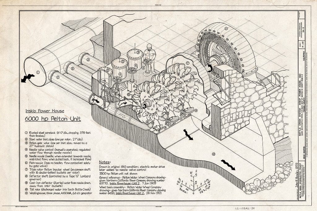 Blueprint Inskip Powerhouse, 6000 hp Pelton Unit - Battle Creek Hydroelectric System, Battle Creek & Tributaries, Red Bluff, Tehama County, CA