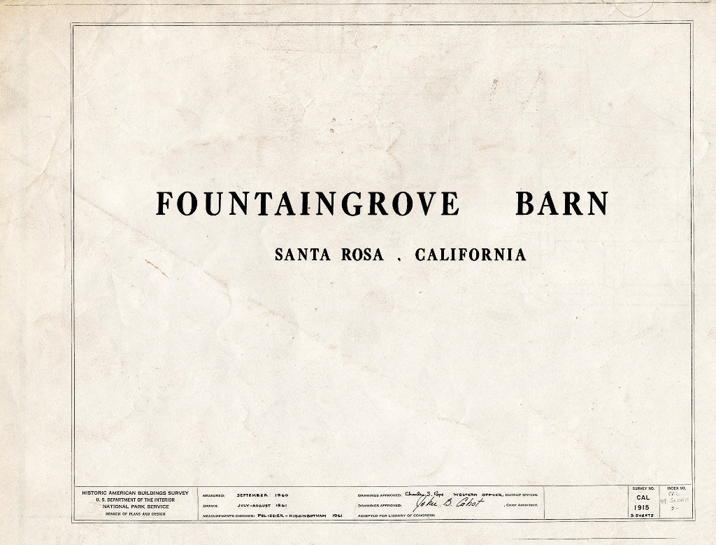 Blueprint HABS Cal,49-SANRO,2- (Sheet 0 of 5) - Fountain Grove, Barn, Mendocino Avenue & US Highway 101, Santa Rosa, Sonoma County, CA
