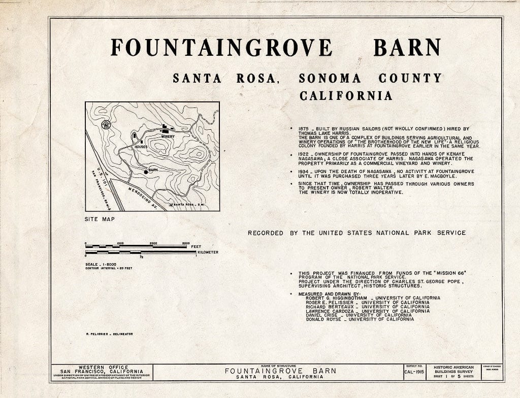 Blueprint HABS Cal,49-SANRO,2- (Sheet 1 of 5) - Fountain Grove, Barn, Mendocino Avenue & US Highway 101, Santa Rosa, Sonoma County, CA