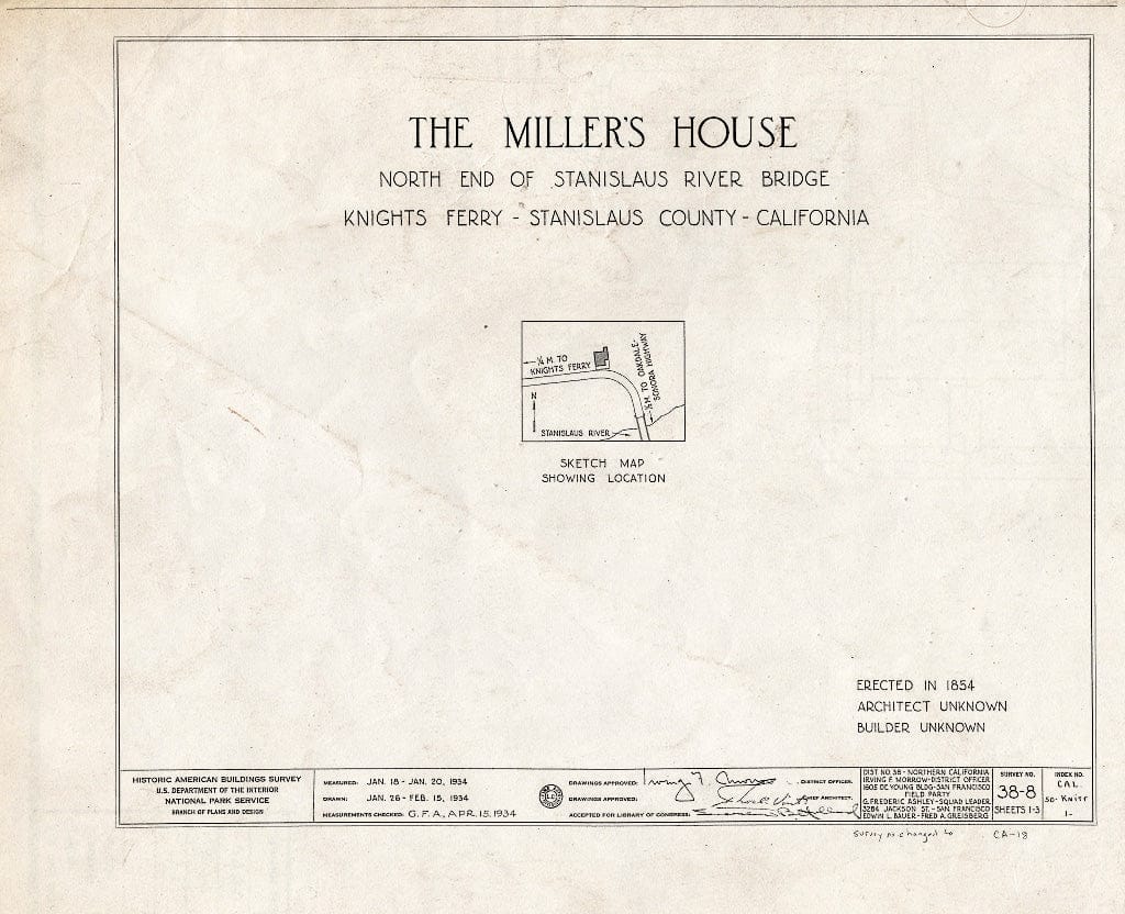Blueprint HABS Cal,50-KNITF,1- (Sheet 0 of 3) - Miller House, Sonora Highway, Knights Ferry, Stanislaus County, CA