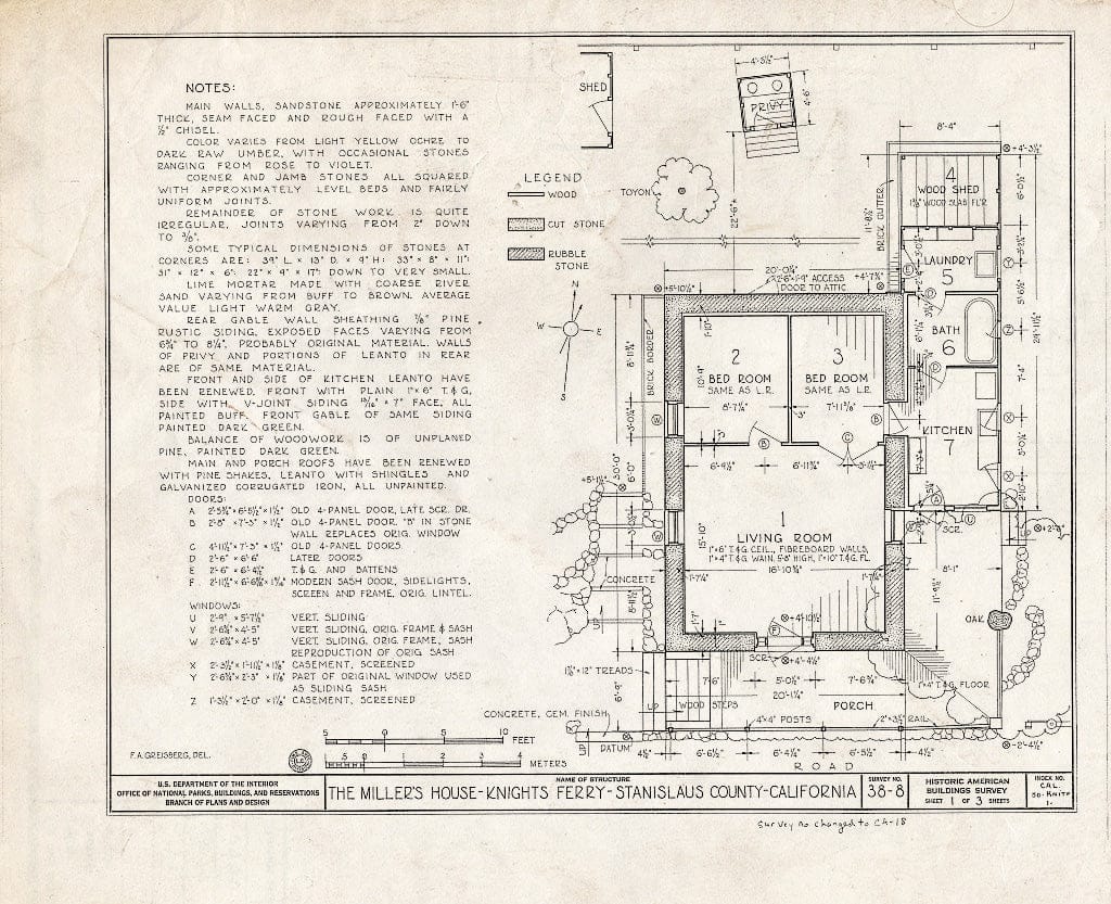 Blueprint HABS Cal,50-KNITF,1- (Sheet 1 of 3) - Miller House, Sonora Highway, Knights Ferry, Stanislaus County, CA