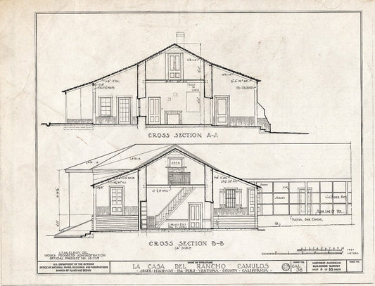 Blueprint 6. Cross Sections A-A and B-B - Casa Del Rancho Camulos, State Highway 12 (5164 East Telegraph Road), Piru, Ventura County, CA