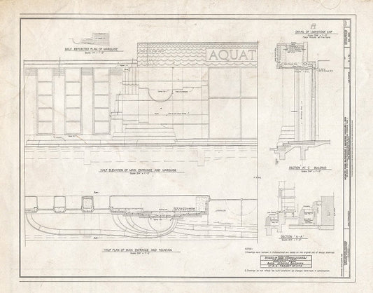 Blueprint 5. Main Entrance Elevation and Plan; Sections - Aquatic Park Bathhouse, 900 Beach Street, San Francisco, San Francisco County, CA