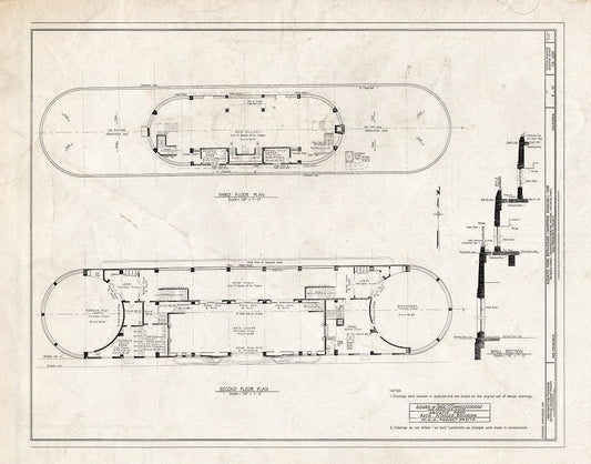 Blueprint 8. Second and Third Floor Plans; Wall Section - Aquatic Park Bathhouse, 900 Beach Street, San Francisco, San Francisco County, CA