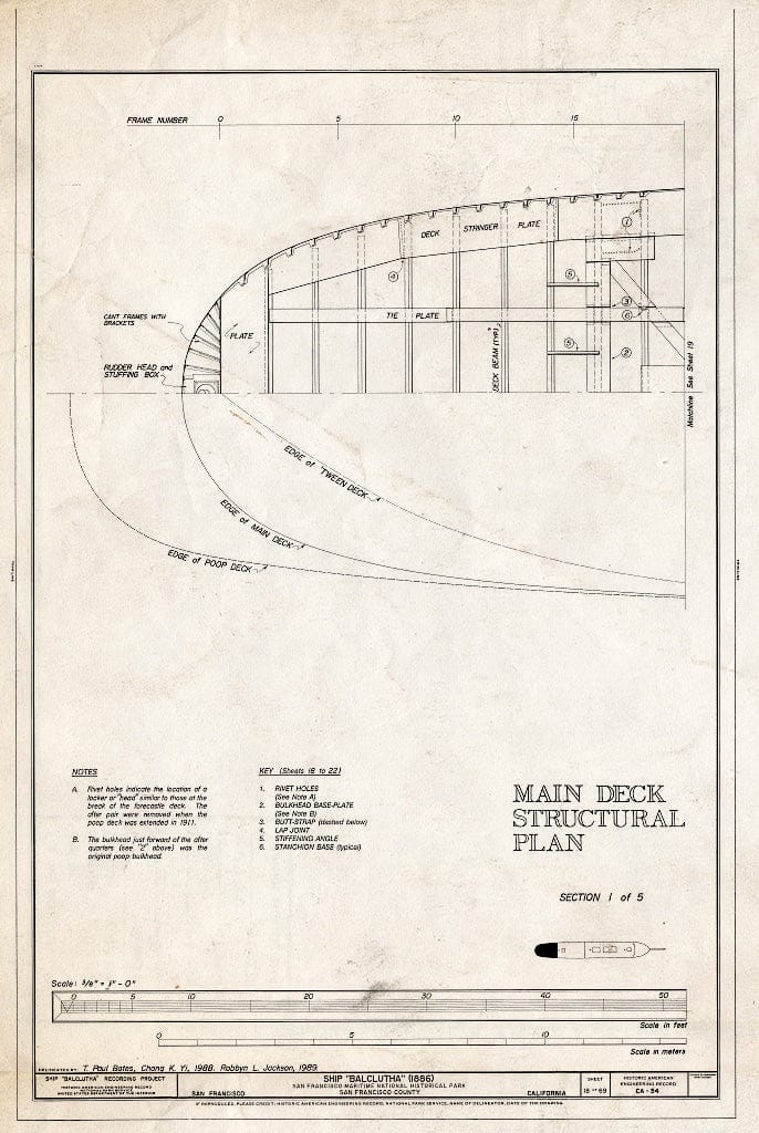 Blueprint Main Deck Structural Plan, Section 1 of 5 - Ship BALCLUTHA, 2905 Hyde Street Pier, San Francisco, San Francisco County, CA