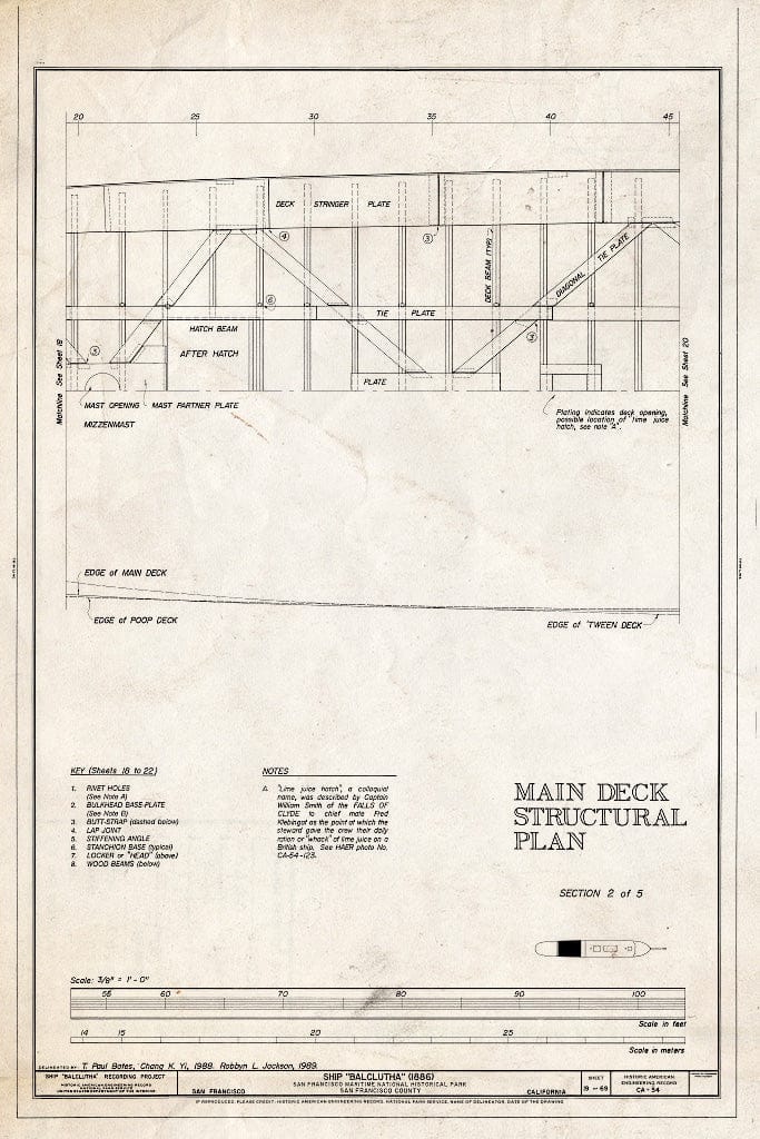 Blueprint Main Deck Structural Plan, Section 2 of 5 - Ship BALCLUTHA, 2905 Hyde Street Pier, San Francisco, San Francisco County, CA
