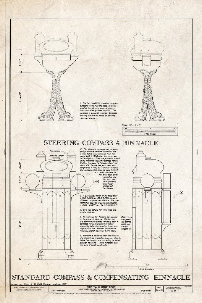 Blueprint Steering Compass and Binnacle; Standard Compass and Compensating Binnacle - Ship BALCLUTHA, 2905 Hyde Street Pier, San Francisco, San Francisco County, CA