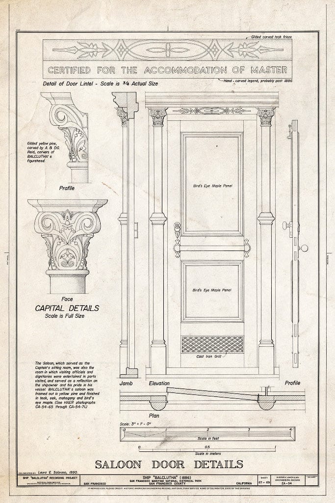 Blueprint Saloon Door Details - Ship BALCLUTHA, 2905 Hyde Street Pier, San Francisco, San Francisco County, CA