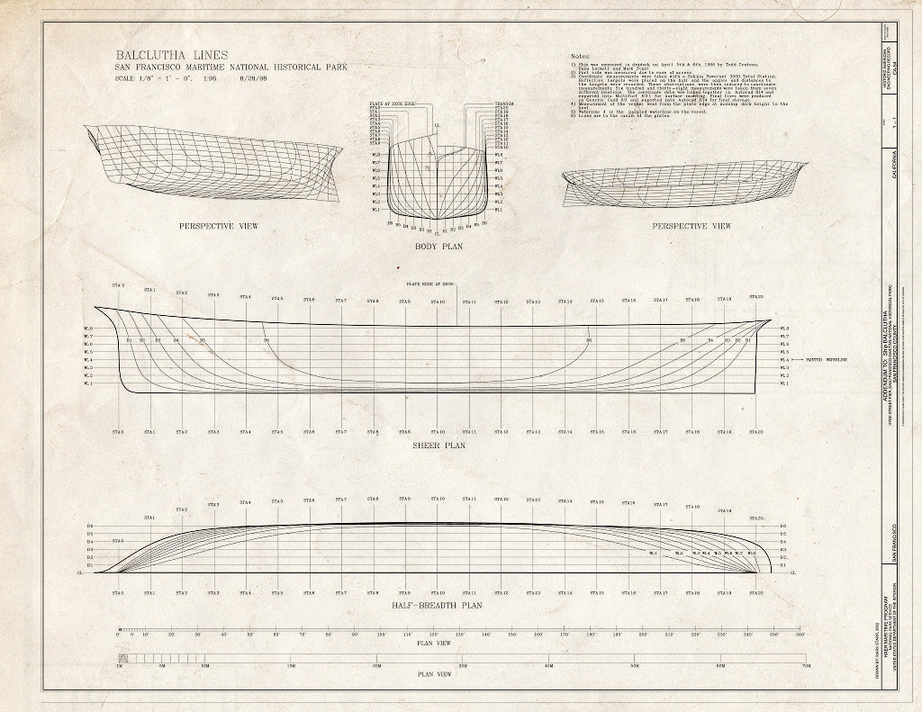 Blueprint Perspective Views, Body Plan, Sheer Plan, and Half-Breadth Plan - Ship BALCLUTHA, 2905 Hyde Street Pier, San Francisco, San Francisco County, CA