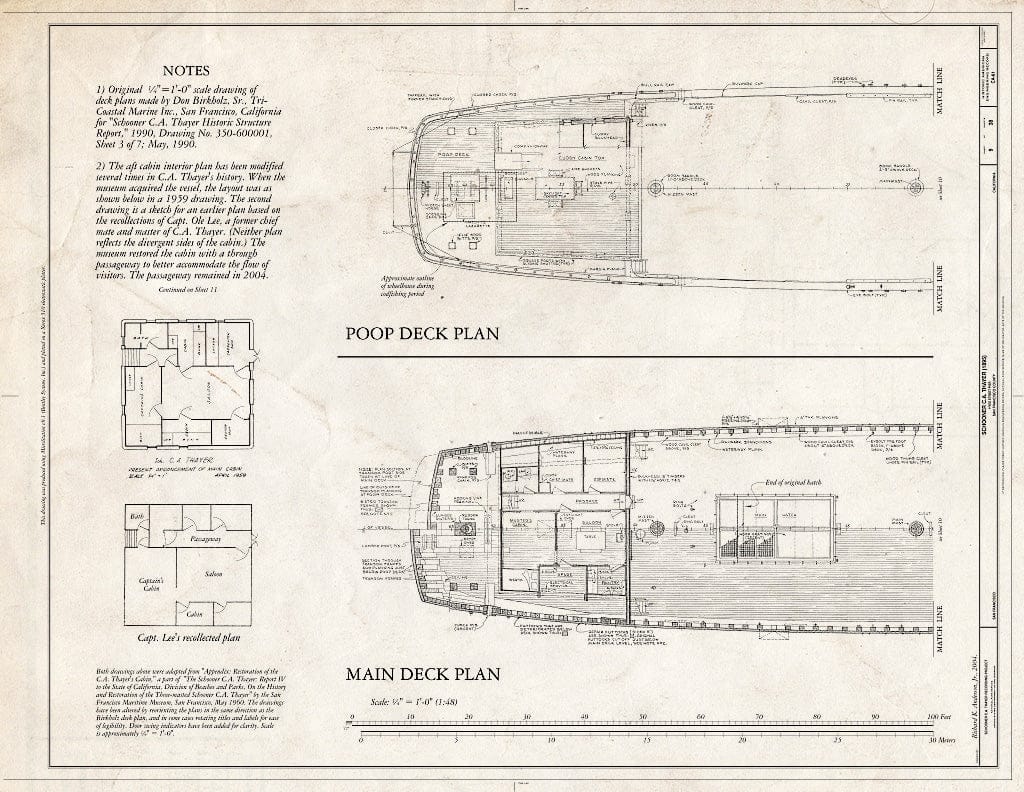 Blueprint Poop Deck Plan, Main Deck Plan - Schooner C.A. Thayer, Hyde Street Pier, San Francisco, San Francisco County, CA
