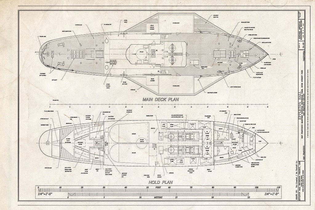Blueprint Main Deck Plan, Hold Plan - Steam Tug EPPLETON Hall, Hyde Street Pier, San Francisco, San Francisco County, CA
