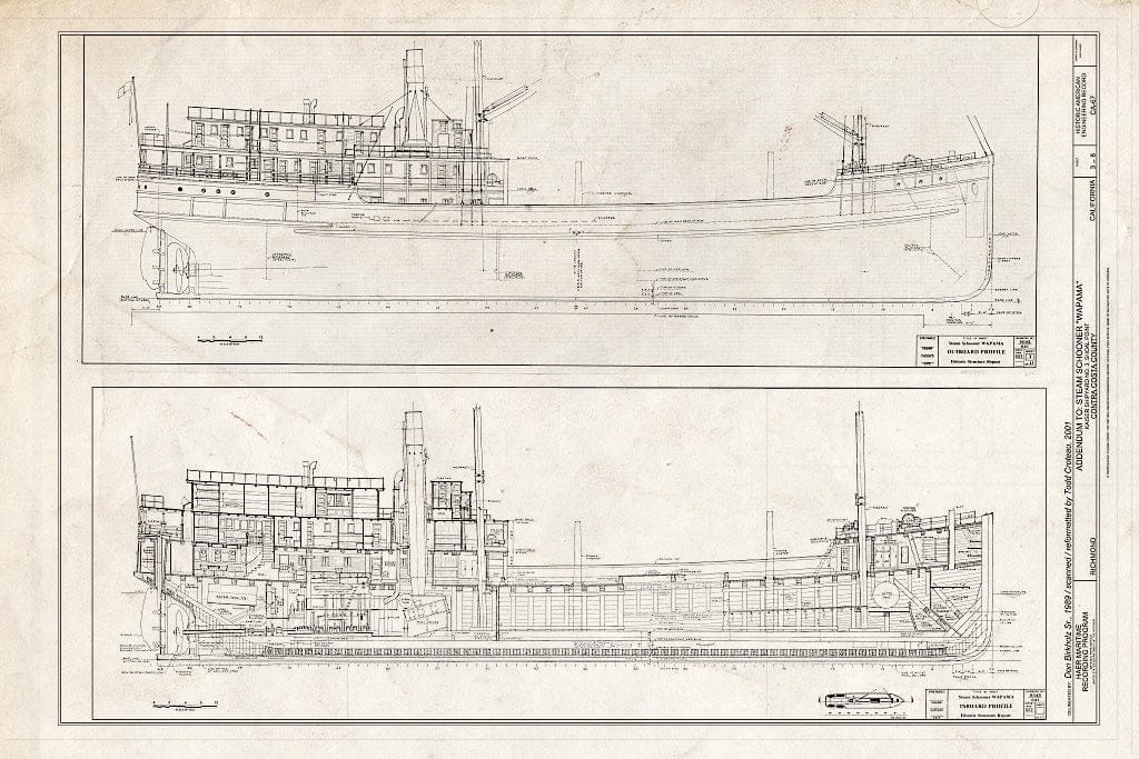 Blueprint Outboard Profile, Inboard Profile - Steam Schooner WAPAMA, Kaiser Shipyard No. 3 (Shoal Point), Richmond, Contra Costa County, CA