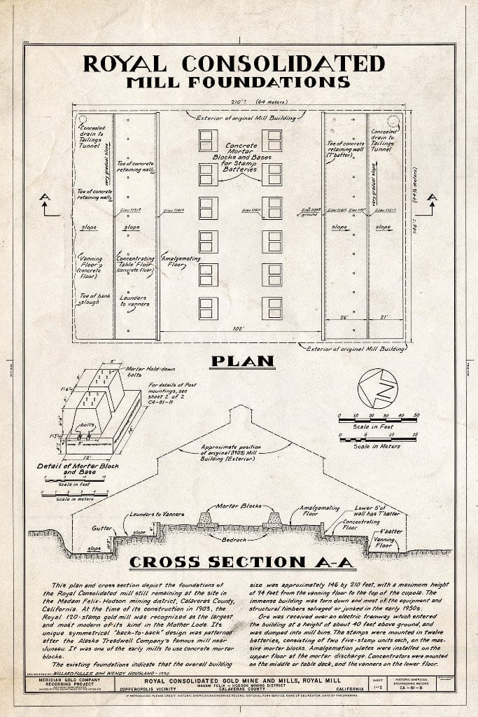 Blueprint Mill Foundations Plan, Cross Section A-A - Royal Consolidated Gold Mine & Mills, Royal Mill, 4.0 Air Miles Northwest of Copperopolis, Copperopolis, Calaveras County, CA
