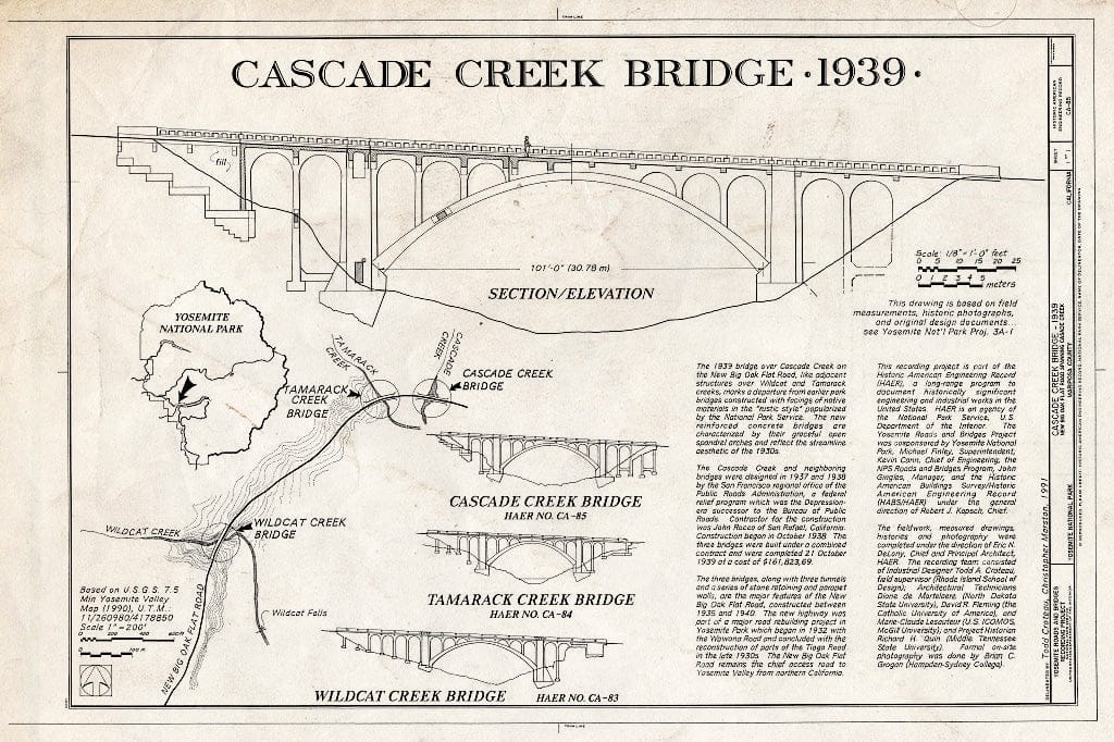 Blueprint Section/Elevation - Cascade Creek Bridge, Spanning Cascade Creek on New Big Oak Flat Road, Yosemite Village, Mariposa County, CA