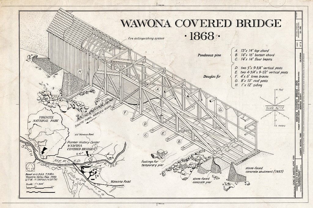 Blueprint Isometric Projection, Location Map - Wawona Covered Bridge, Spanning South Fork Merced River on Service Road, Wawona, Mariposa County, CA