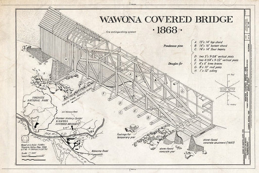 Blueprint Isometric Projection, Location Map - Wawona Covered Bridge, Spanning South Fork Merced River on Service Road, Wawona, Mariposa County, CA