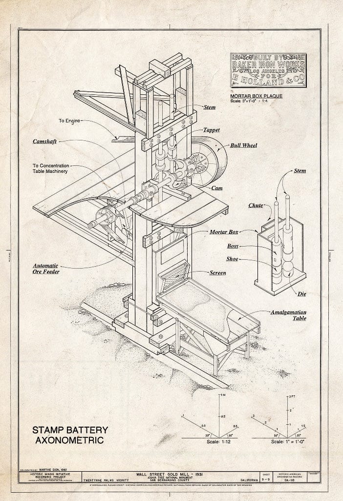 Blueprint Stamp Battery Axonometric - Wall Street Gold Mill, Twentynine Palms, San Bernardino County, CA
