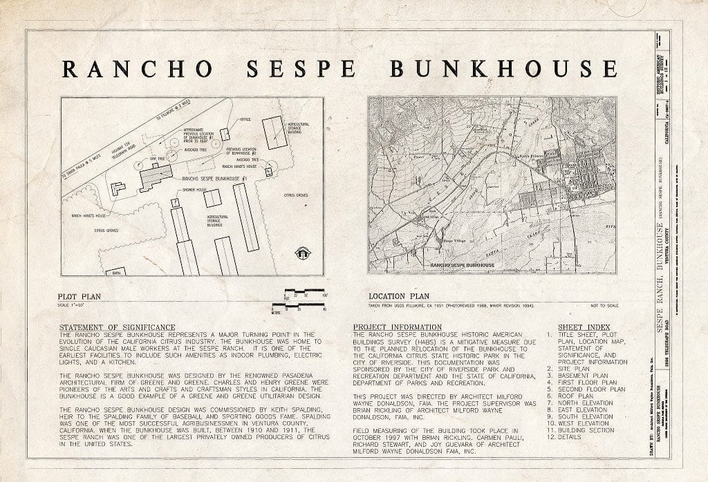 Blueprint HABS Cal,56-Film,1A- (Sheet 1 of 12) - Sespe Ranch, Bunkhouse, 2896 Telegraph Road, Fillmore, Ventura County, CA