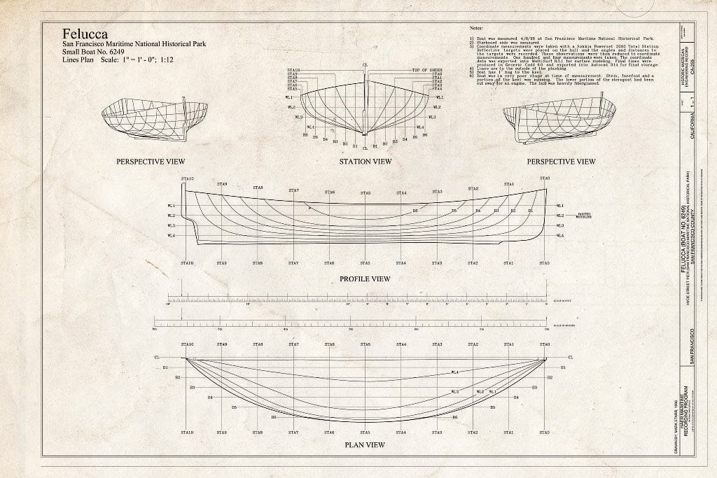 Blueprint Perspective Views, Station View, Profile View, Plan View - Felucca, Hyde Street Pier, San Francisco, San Francisco County, CA
