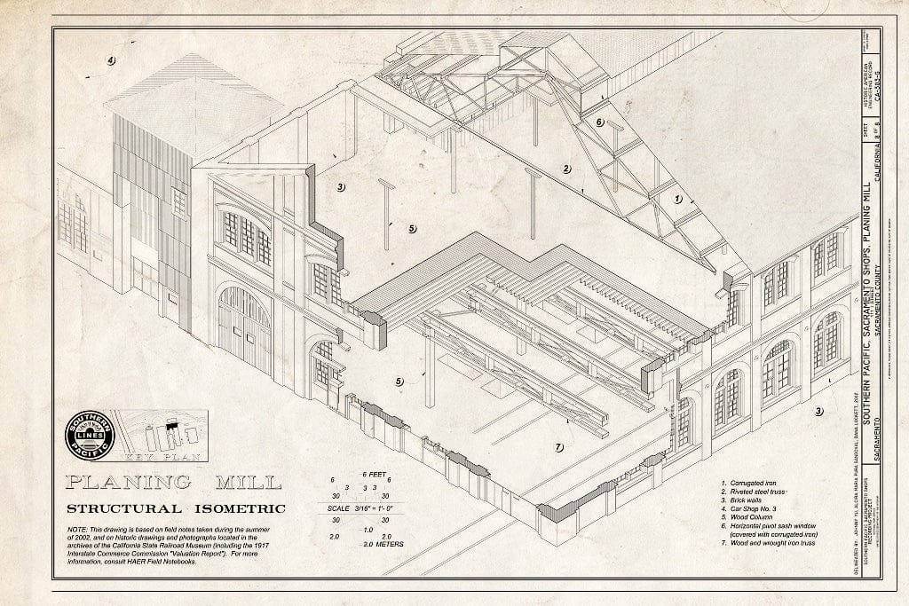 Blueprint Planing Mill Structural Isometric - Southern Pacific, Sacramento Shops, Planing Mill, 111 I Street, Sacramento, Sacramento County, CA