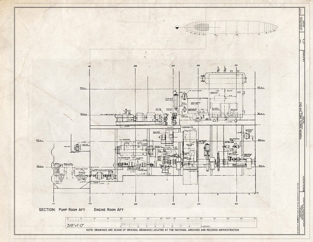 Blueprint Section: Pump Room AFT, Engine Room AFT - Mission Santa Ynez, Suisun Bay Reserve Fleet, Benicia, Solano County, CA
