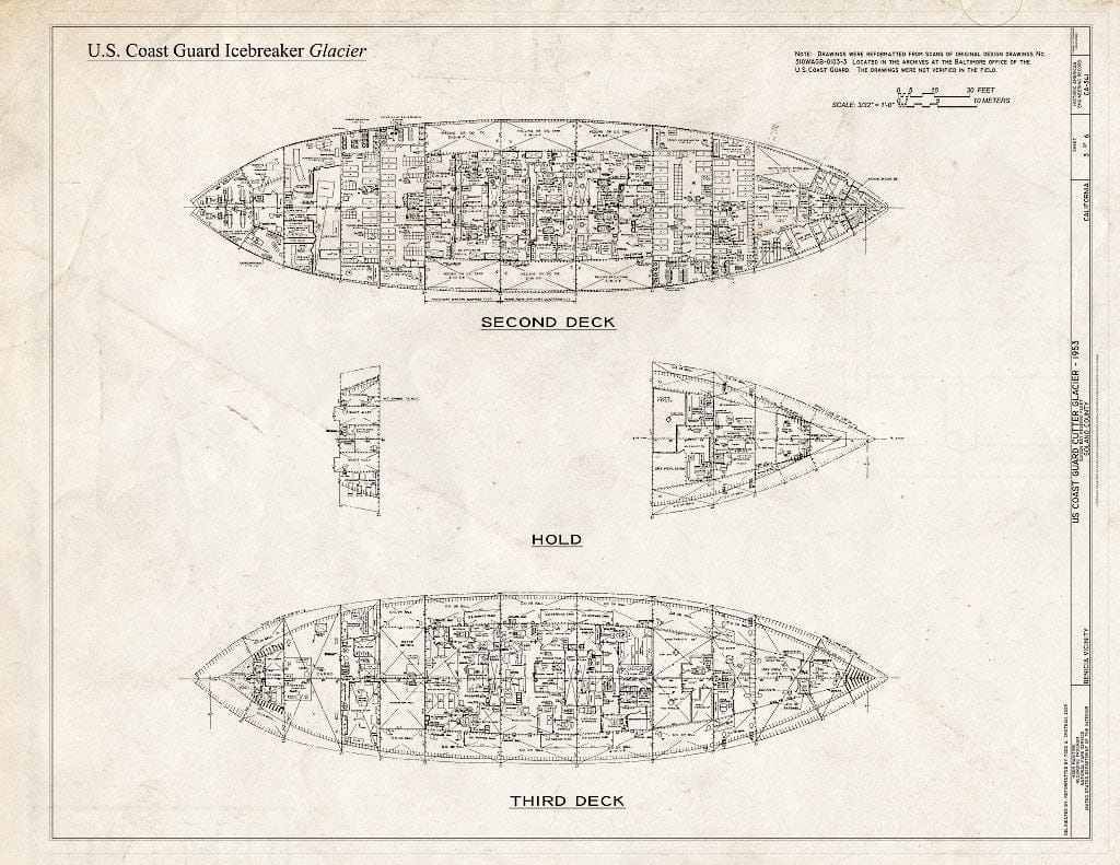 Blueprint Second Deck, Hold, Third Deck Plans - US Coast Guard Icebreaker Glacier, Suisun Bay Reserve Fleet, Benicia, Solano County, CA