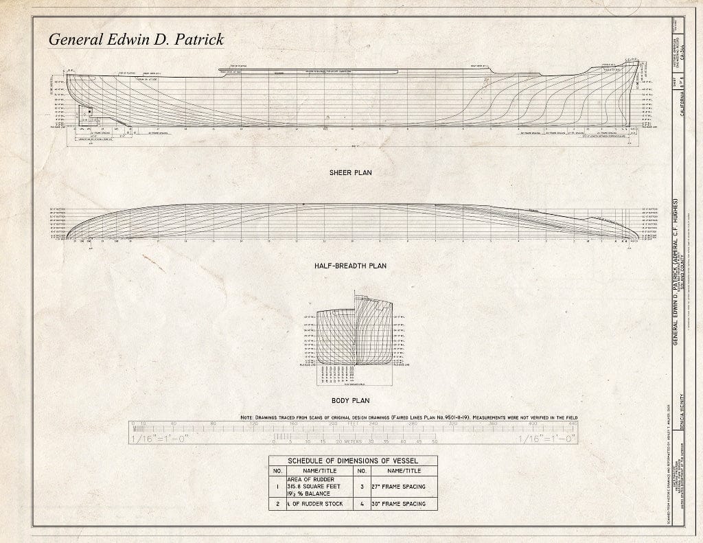 Blueprint Lines Plans: Sheer Plan, Half-Breadth Plan, Body Plan - General Edwin D. Patrick, Suisun Bay Reserve Fleet, Benicia, Solano County, CA