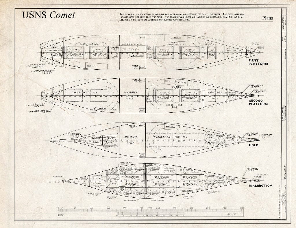 Blueprint Plans: First Platform, Second Platform, Hold, Inner Bottom - USNS Comet, Suisan Bay Reserve Fleet, Benicia, Solano County, CA