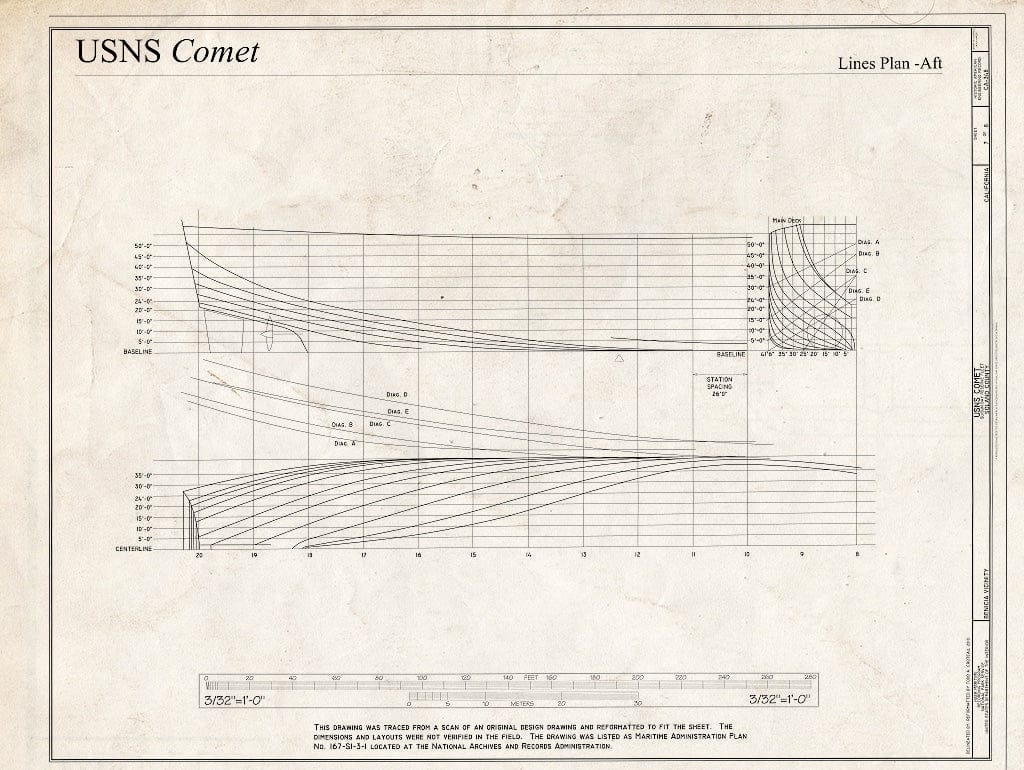 Blueprint Lines Plan-AFT - USNS Comet, Suisan Bay Reserve Fleet, Benicia, Solano County, CA