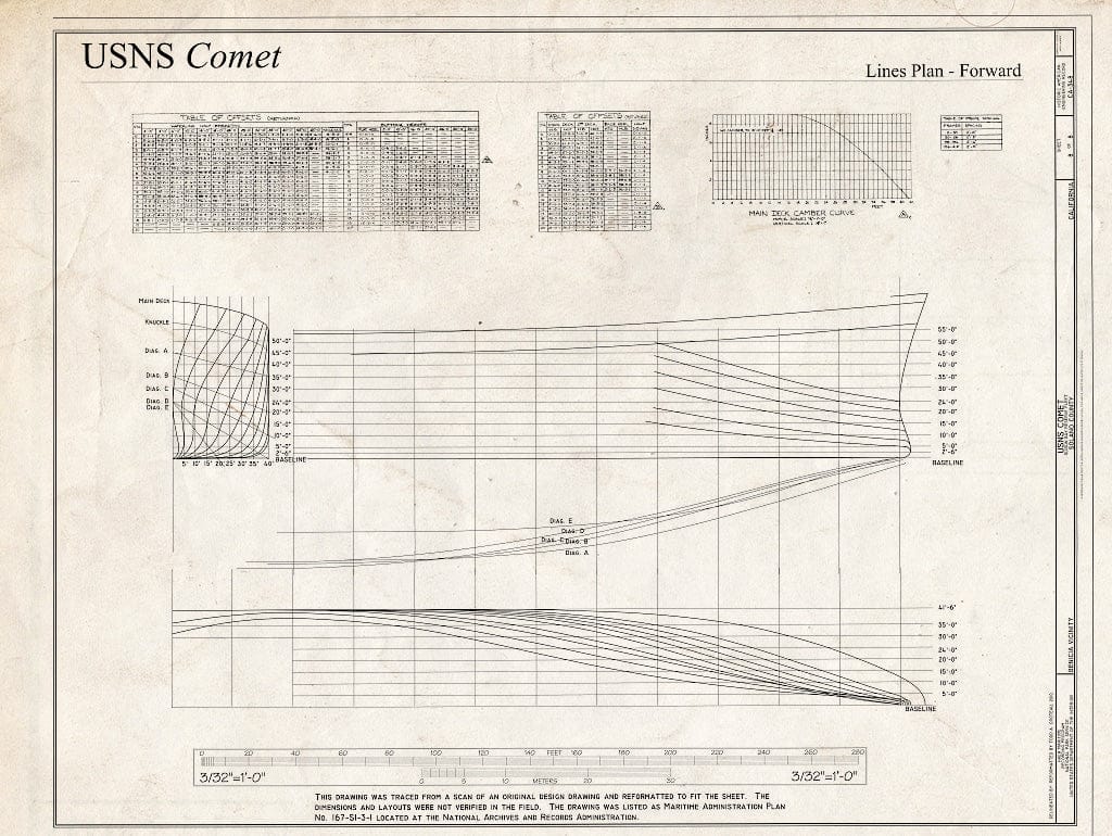 Blueprint Lines Plan-Forward - USNS Comet, Suisan Bay Reserve Fleet, Benicia, Solano County, CA