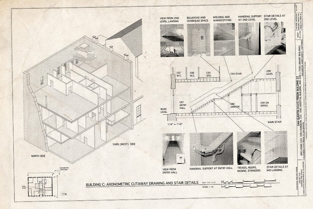 Blueprint Building C: Axonometric Cutaway Drawing & Main Stair Detail - San Quentin State Prison, Building 22, Point San Quentin, San Quentin, Marin County, CA