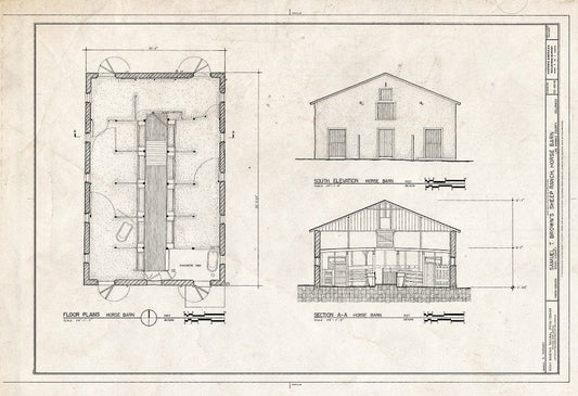 Blueprint 1. Plan, Elevation, Section - Samuel T. Brown's Sheep Ranch, Horse Barn, 170 feet Northeast of Main Residence, Model, Las Animas County, CO