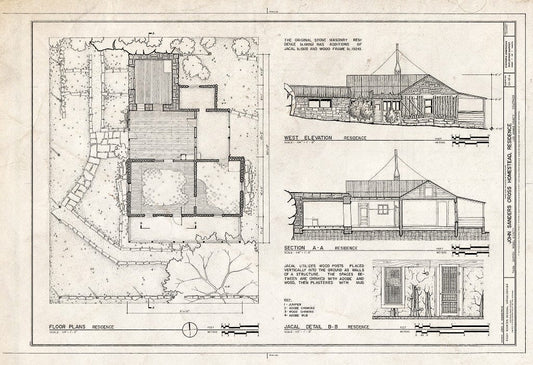 Blueprint 1. Plan, Elevation, Section, jacal Detail - John Sanders Cross Homestead, Residence, 100 feet west of barn, Model, Las Animas County, CO